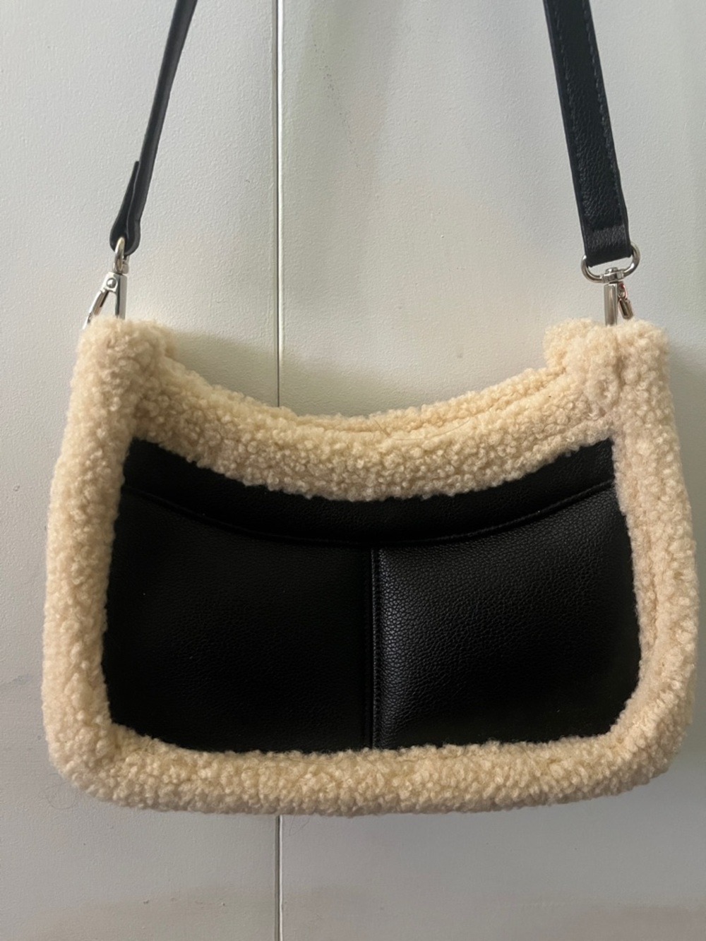 Shearling-Trim Black Shoulder Bag with Cream Accent